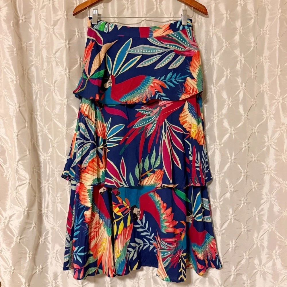 Farm Rio Fatima Tiered Midi Skirt Blue Tropical Bird Floral Print Ruffle